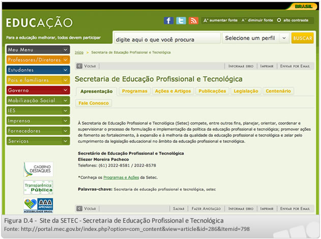 Site da SETEC - Secretaria de Educação Profissional e Tecnológica